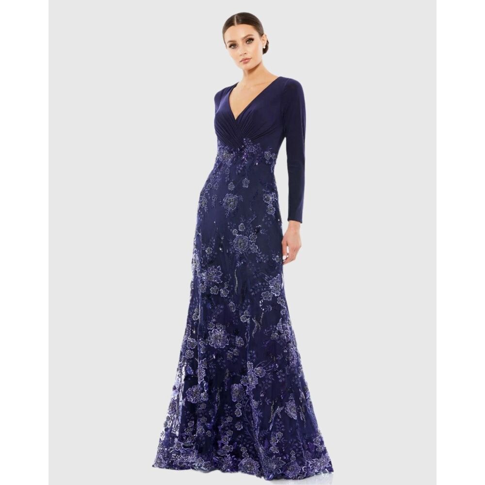 Mac Duggal Navy Blue Floral Maxi Dress